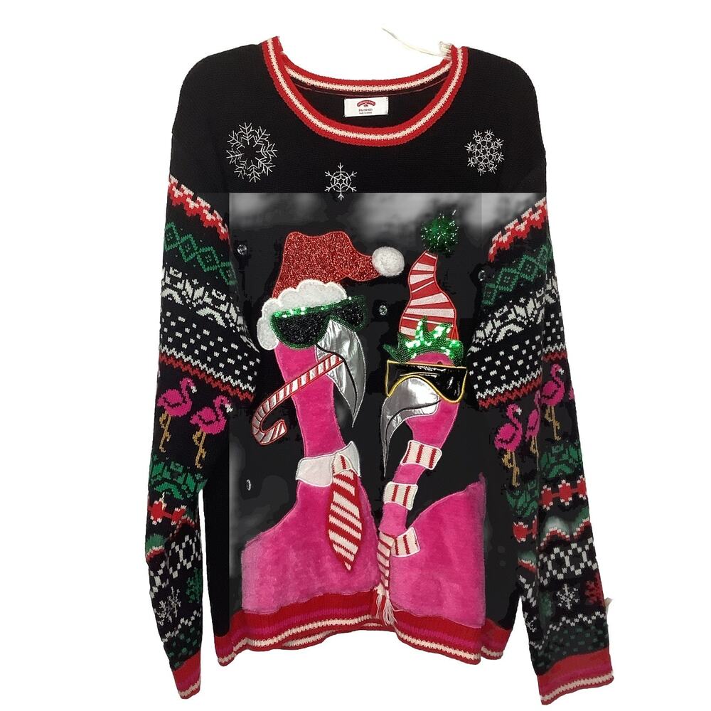 Holiday Time Sz 2XL Ugly Christmas Sweater Black Pink Flamingo Santa